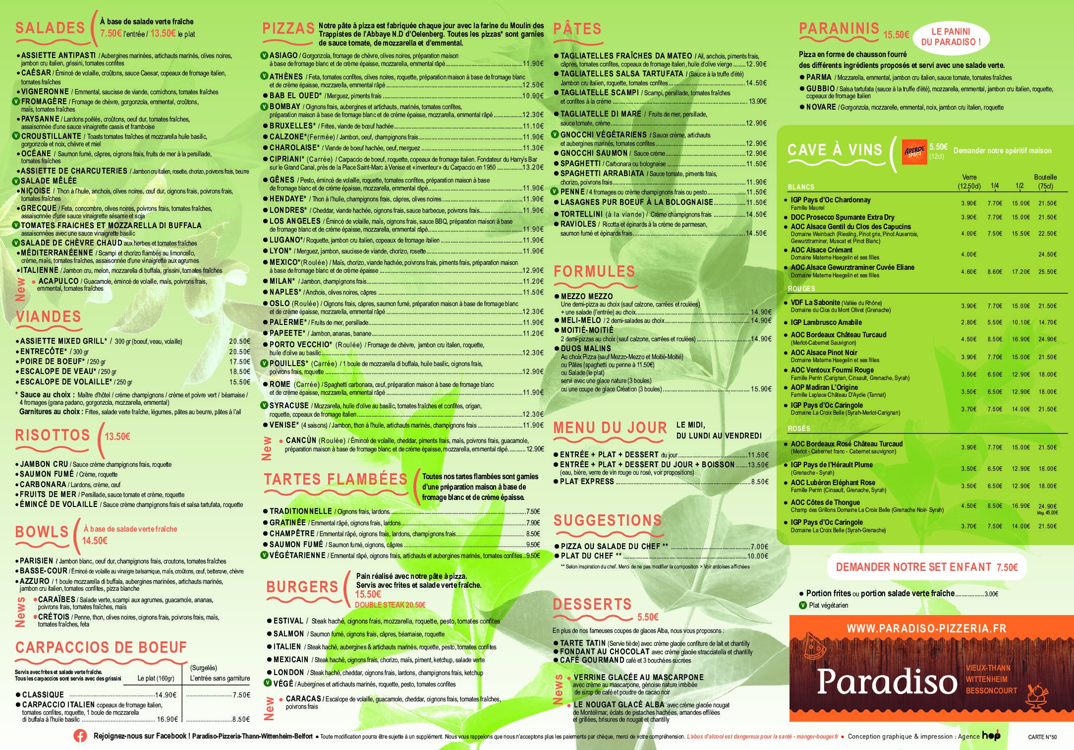 Paradiso - La carte de nos trois restaurants à Vieux-Thann, Wittenheim et Bessoncourt