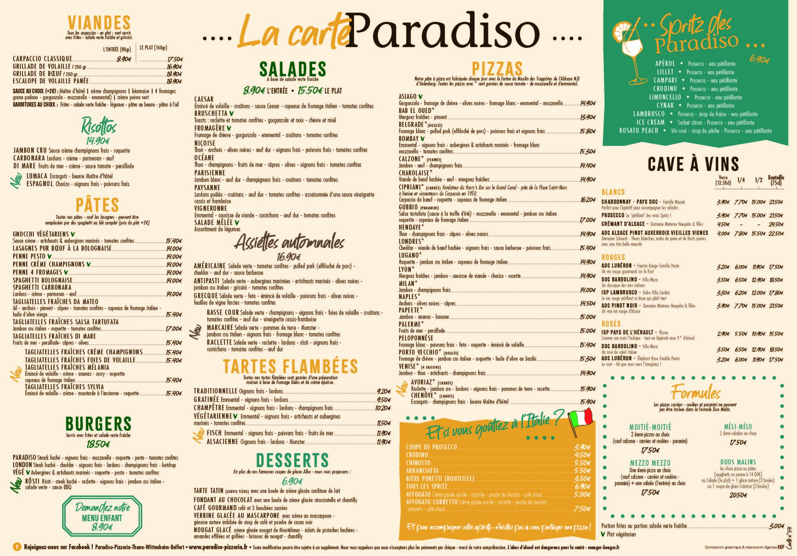 Paradiso - La carte de nos trois restaurants à Vieux-Thann, Wittenheim et Bessoncourt